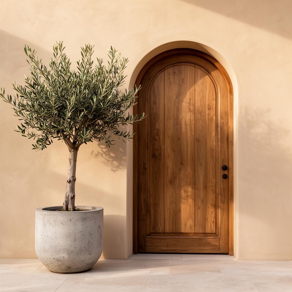 Mediterranean arched doorway with olive tree
