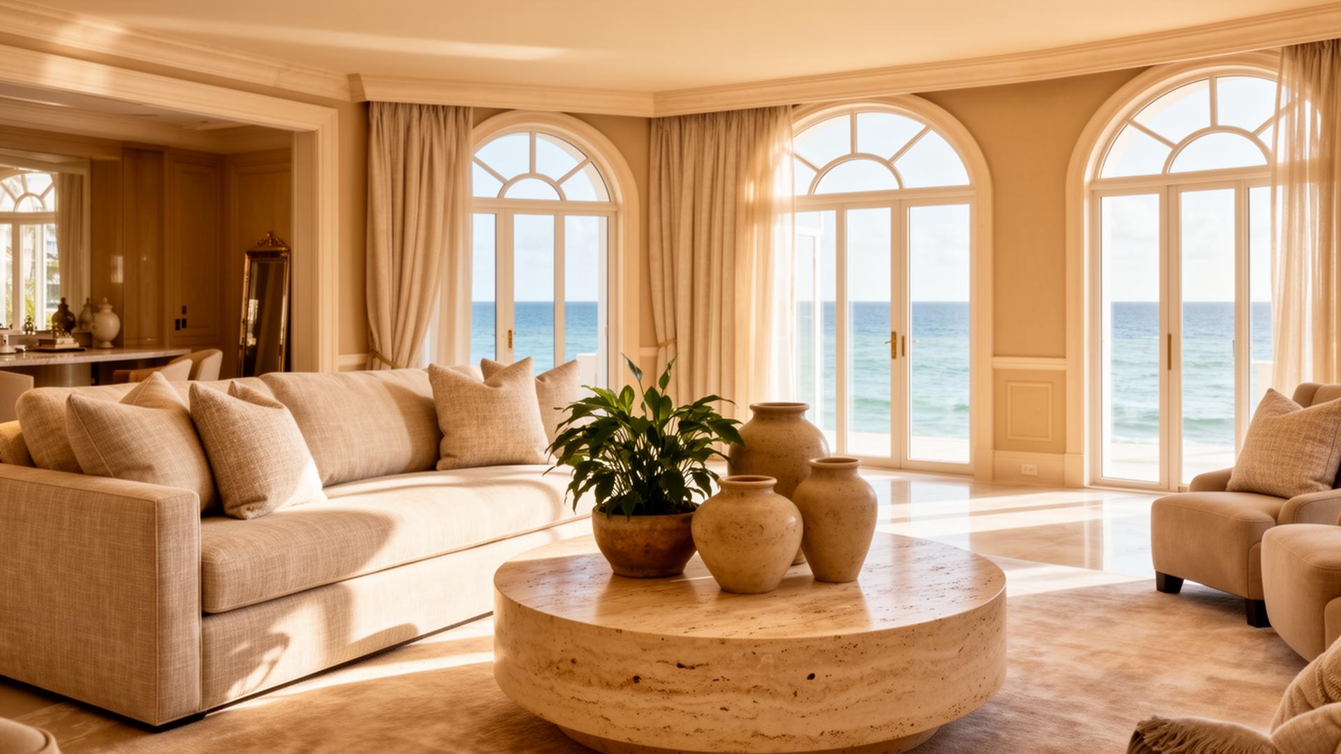 Light-filled luxury Miami living room with arched windows and ocean view