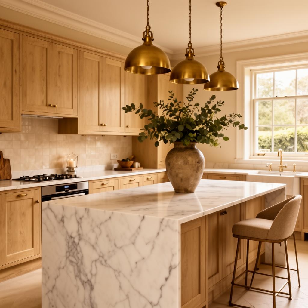 Warm luxury kitchen with marble island